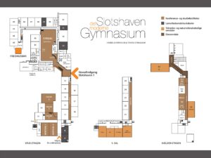 En oversigt over Slotshaven Gymnasium, med anvisninger til hvor man kan finde klasselokaler, elevområder, lærerforberedelseslokaler og tekniske- og naturvidenskabelige områder. 